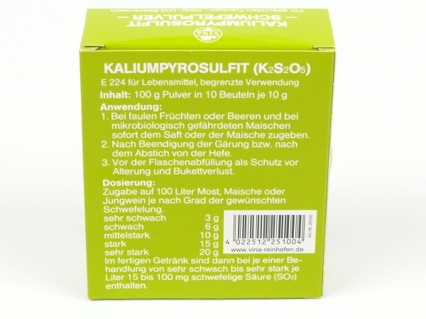 Kaliumdisulfit 10 x 10 g Schwefel-Pulver